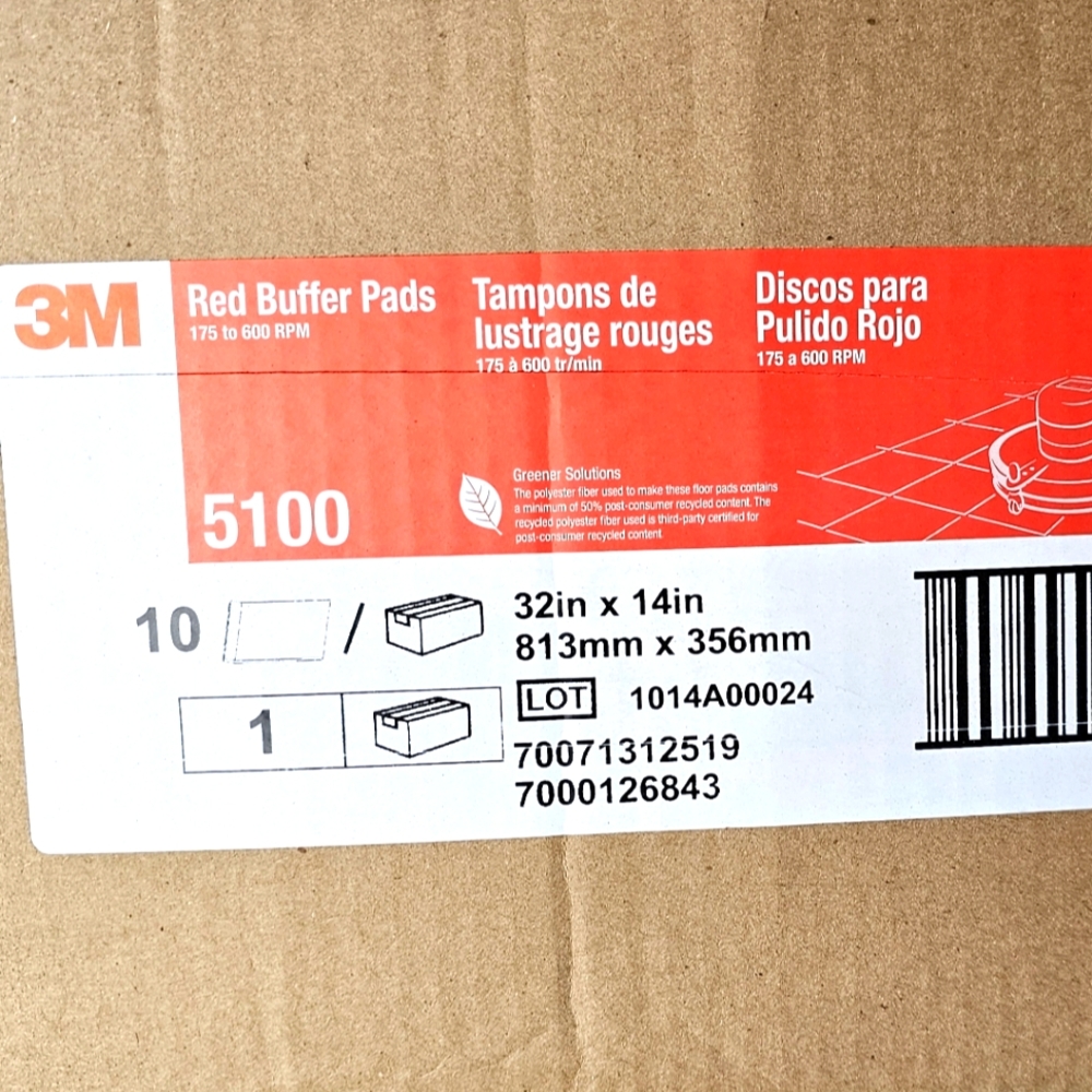 3M 14" x 32" Rectangular Red Floor Buffing Pads 5 PK 5100-32x14 XXL